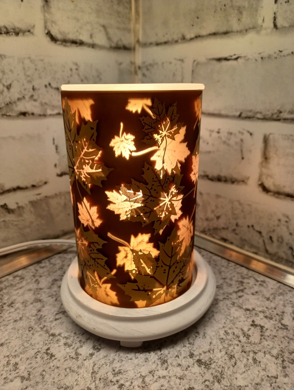 Falling Leaves Gold Wax Warmer Simmer Lights pot Pink zebra White base